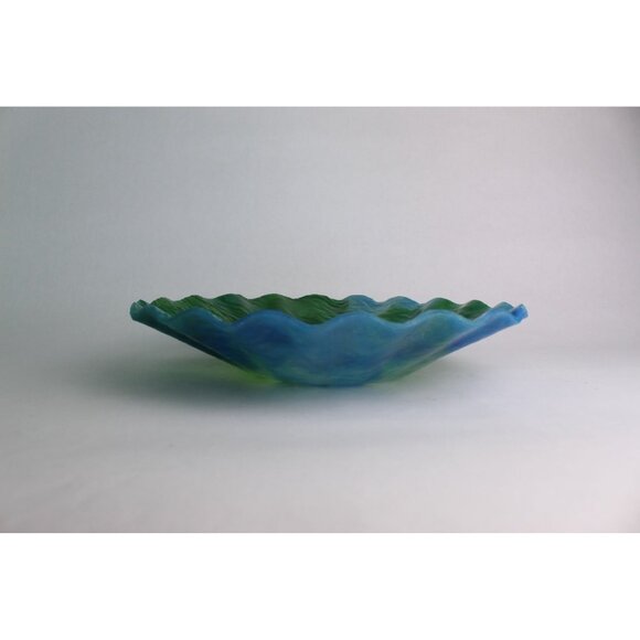Vintage Crinkle Glass Bowl | Blue & Green Swirl | Art Glass Dish - Picture 5 of 6
